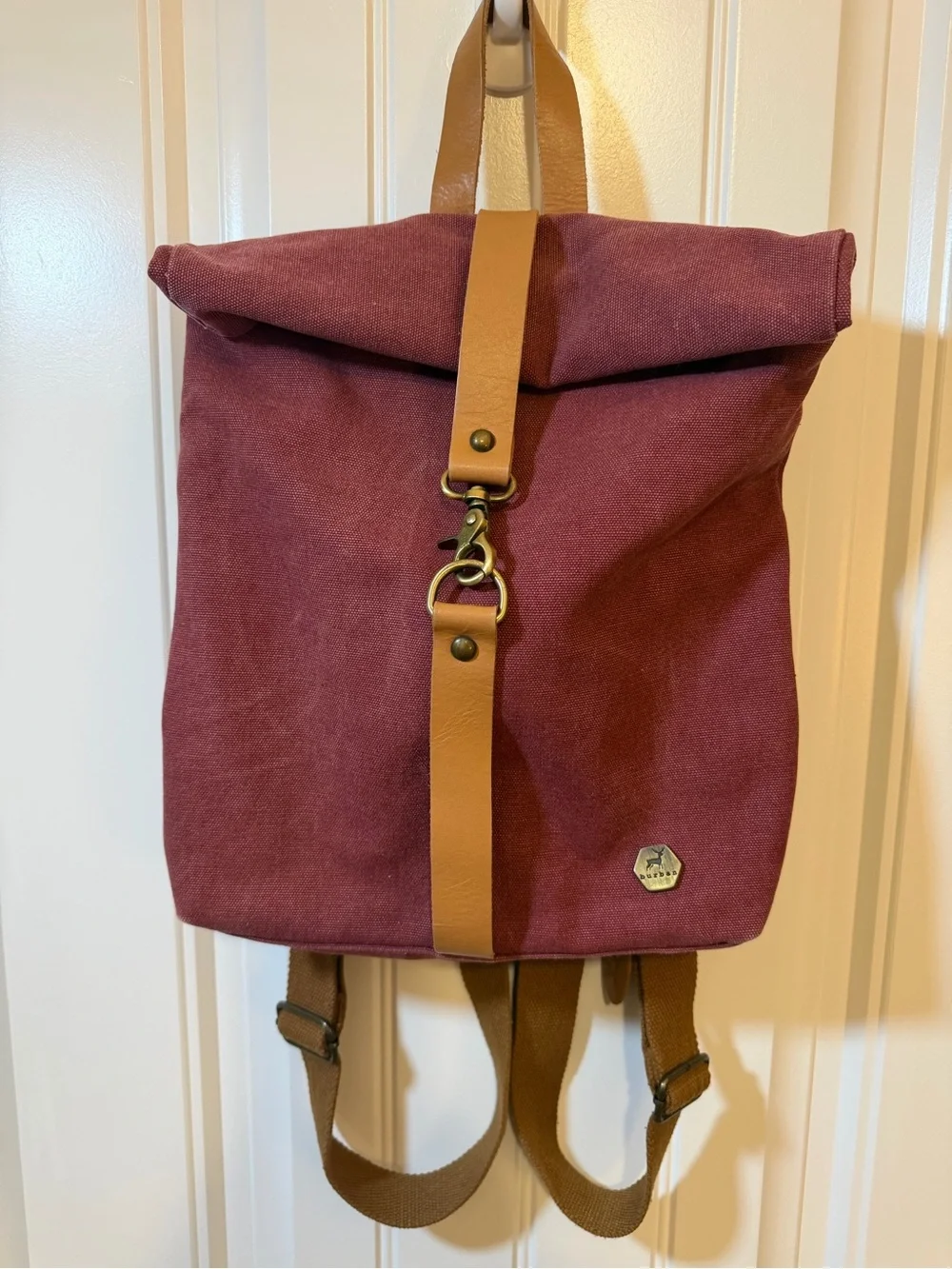 Roll-Top Burban Canvas Backpack in Burgundy with Tan Trim